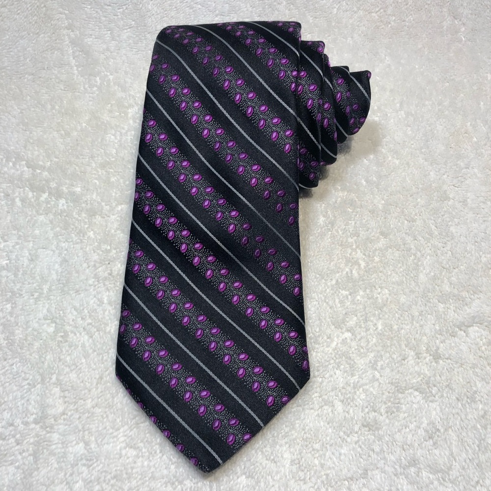 Ted Baker Mens Repp Tie Silk Black Purple Regimental Stripes Roses Pattern USA
